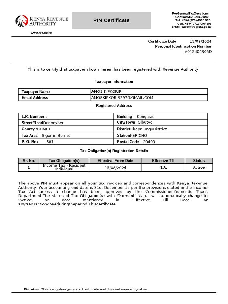 KRA Tax Registration Certificate for Amos Kipkorir | PDF | Taxes ...