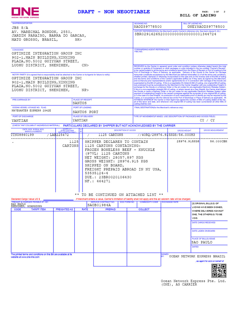 Bill of Lading for Frozen Beef Shipment | PDF | Bill Of Lading | Cargo