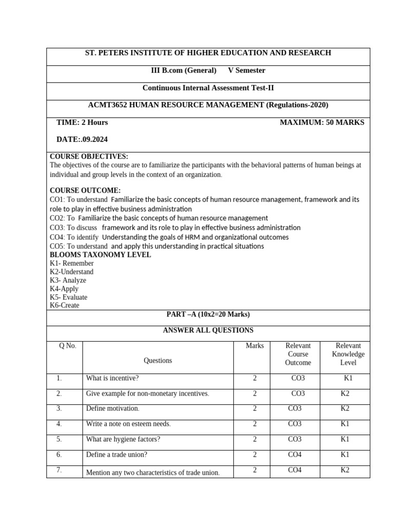 HR Management Assessment Test Guide | PDF | Human Resource Management ...