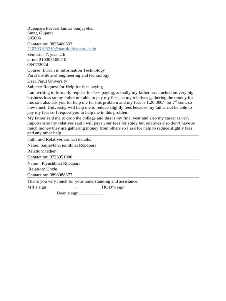 Fee Assistance Request for BTech Student | PDF