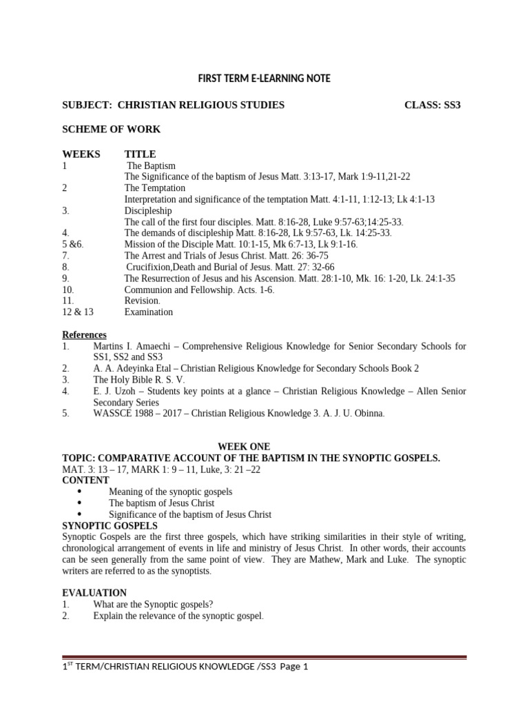1ST TERM S3 CHRISTIAN RELIGIOUS KNOWLEDGE Print | PDF | Jesus ...