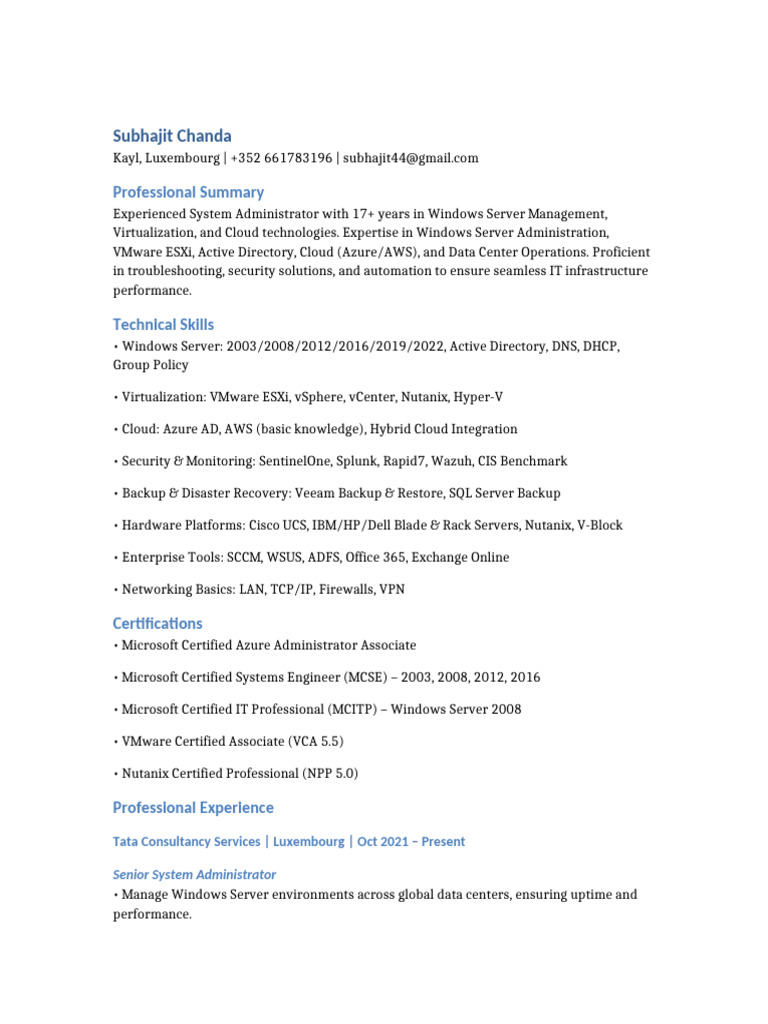 Senior System Administrator Resume | PDF | Active Directory | Cloud ...