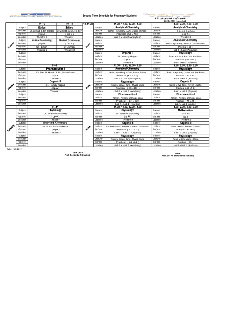 Second Term Schedule For Pharmacy Students 9 11 At Modern University