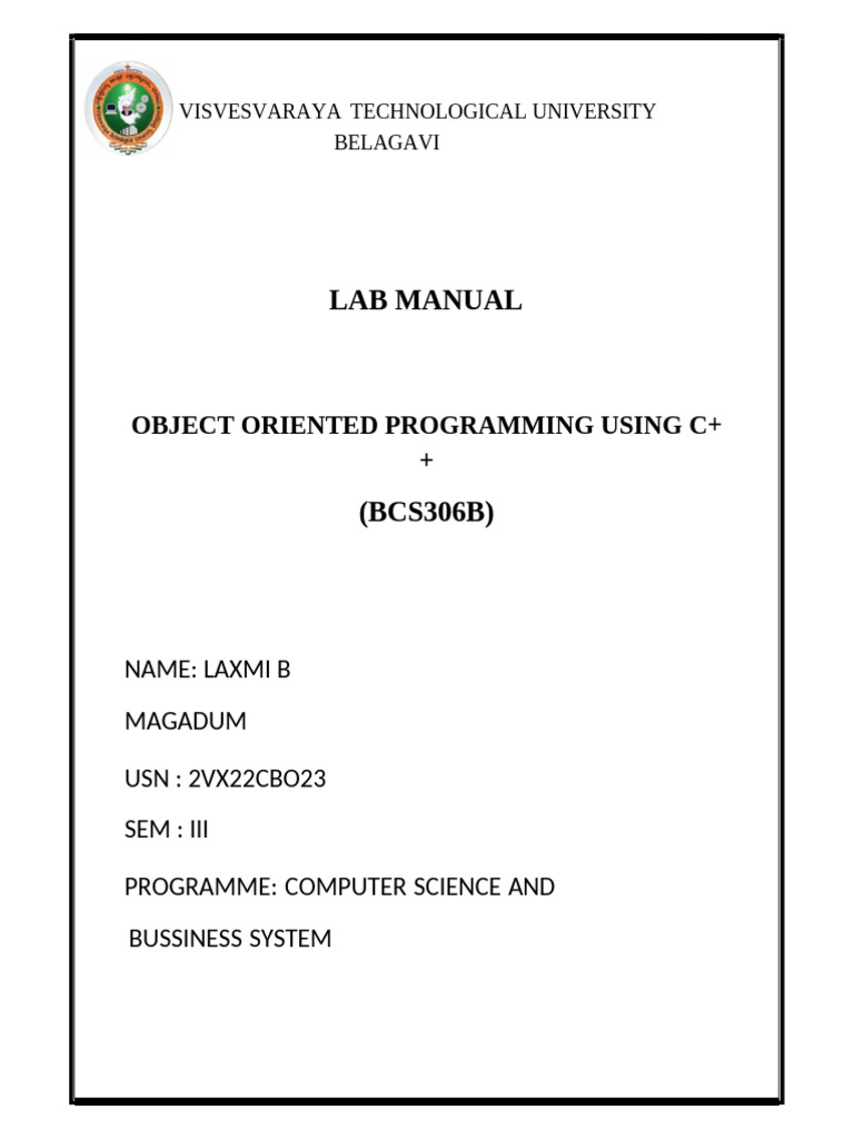 C++ Lab Manual for Object-Oriented Programming | PDF | Integer ...