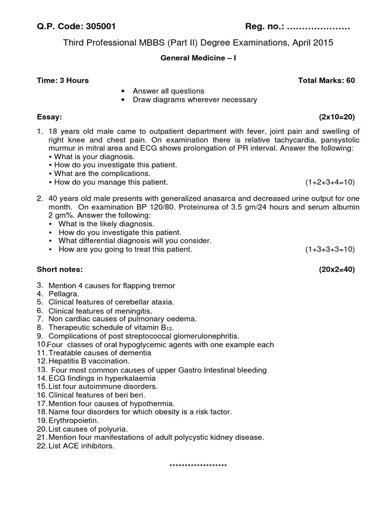 MBBS General Medicine Exam Questions | PDF | Complication (Medicine ...
