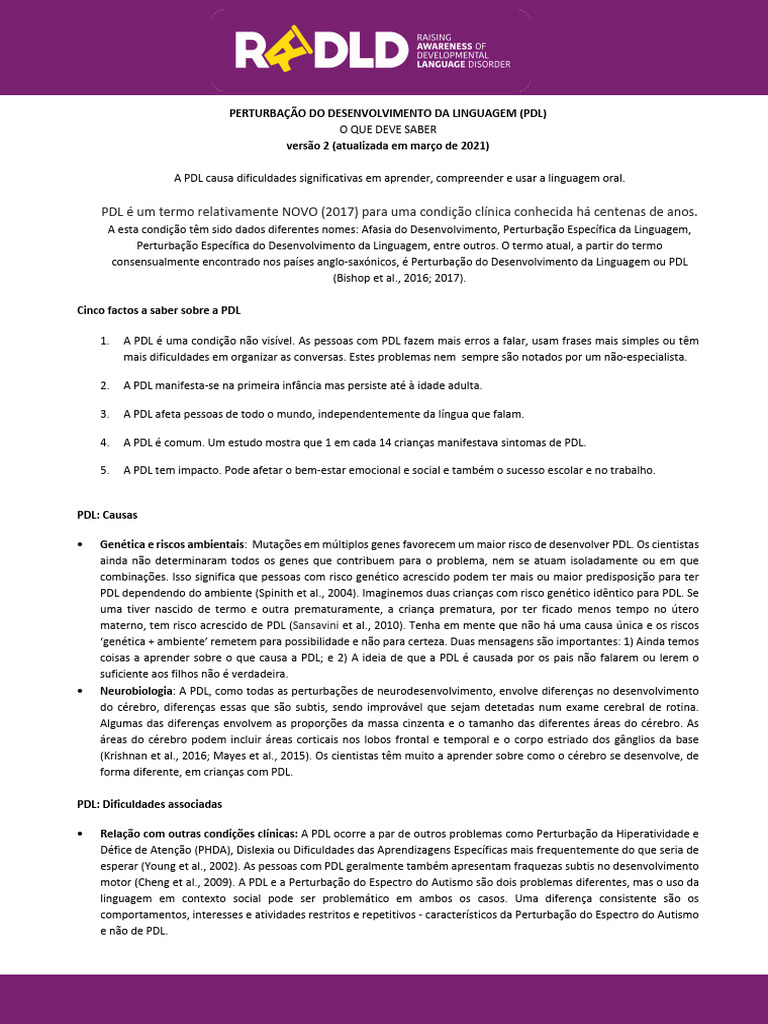 DLD Fact Sheet V2 European Portuguese Version | PDF | Transtorno de ...