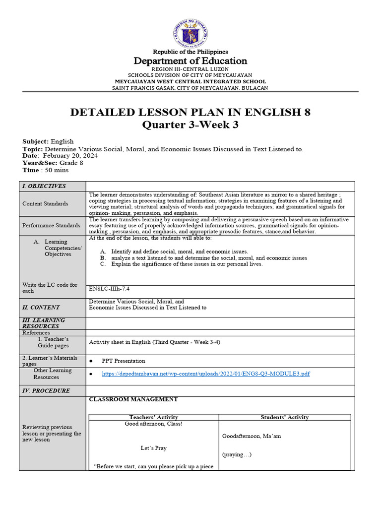 English 8 Lesson Plan: Social Issues | PDF | Learning | English Language