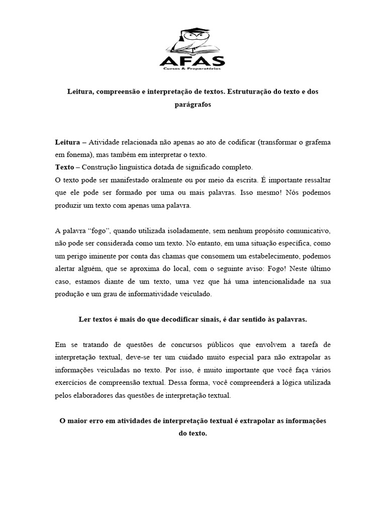 Leitura Compreensao e Interpretacao de Textos Estruturacao Do Texto e ...
