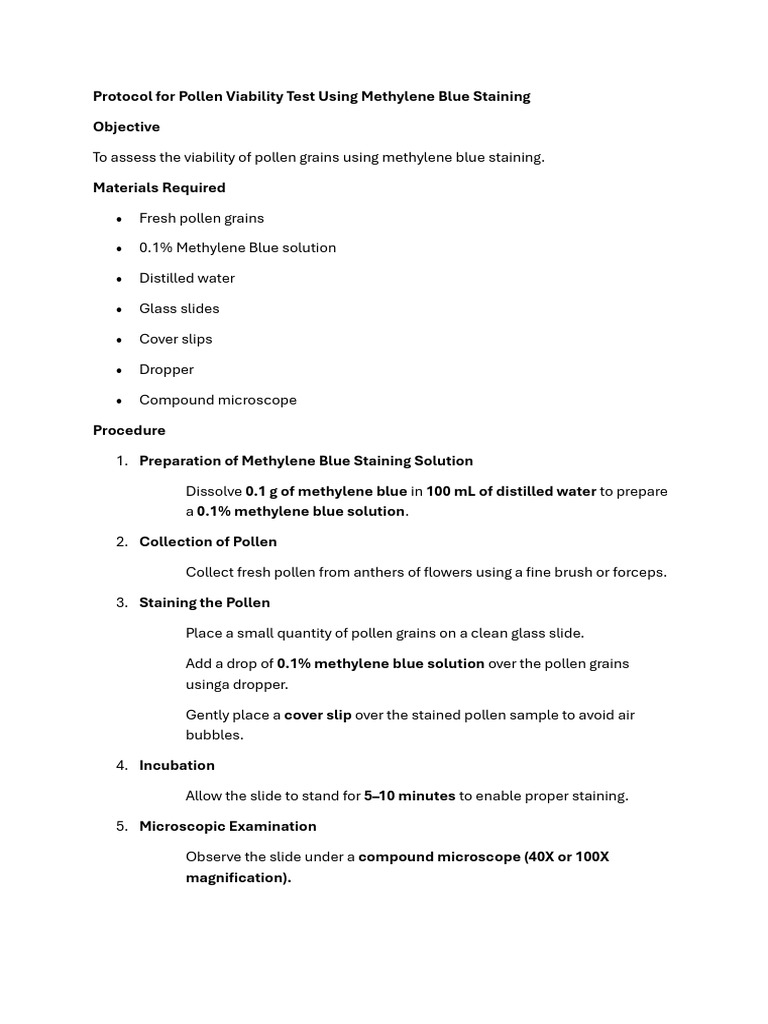 Pollen Viability Test with Methylene Blue | PDF