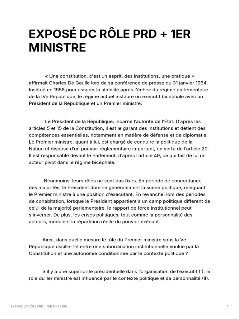 Rôle du Premier ministre sous la Ve République | PDF | Gouvernement ...