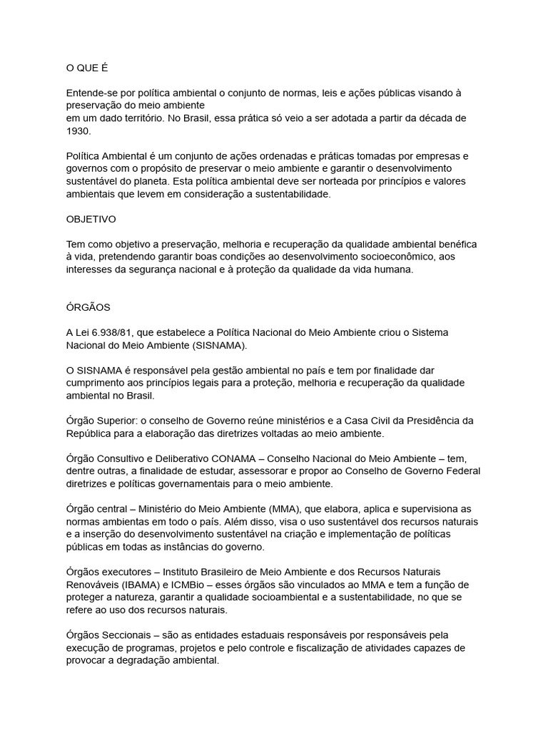 Política Ambiental no Brasil: Estrutura e Objetivos | PDF ...