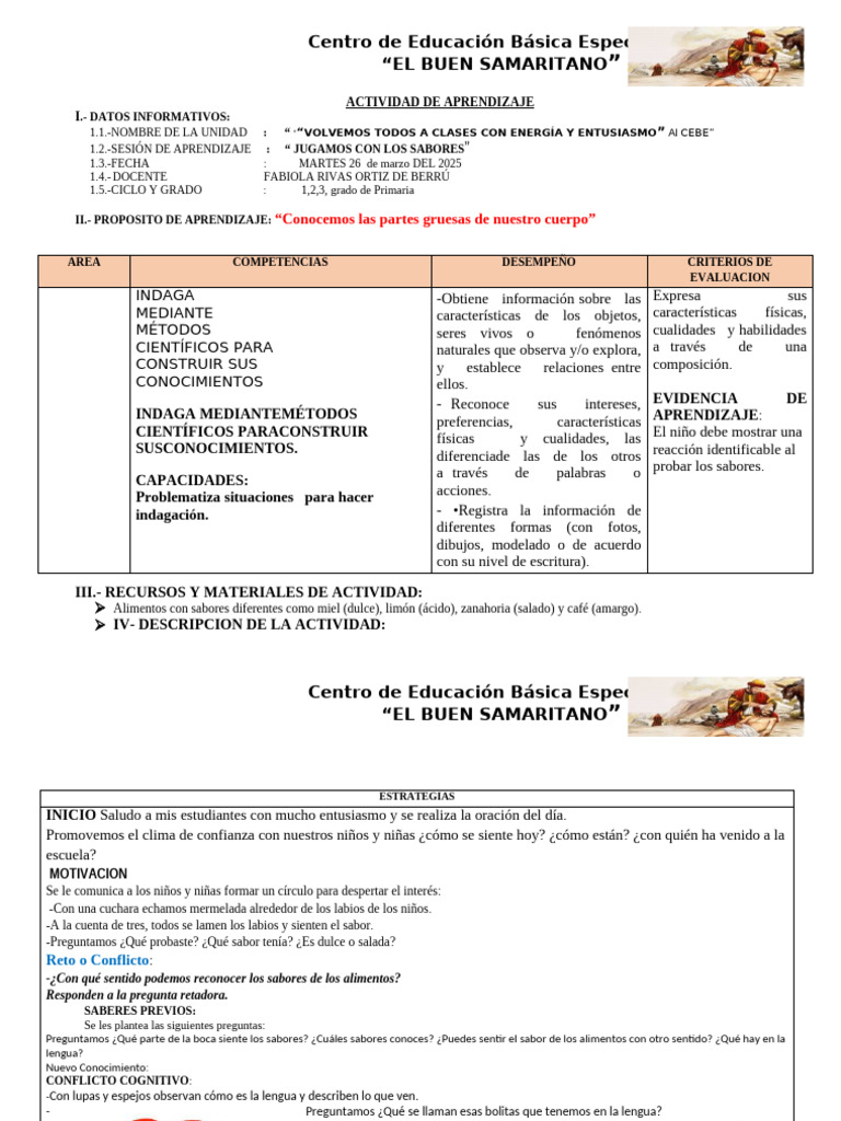 Sesion de Aprendizaje de Aprendizaje Jugamos Con Los Sabores Fabiola ...