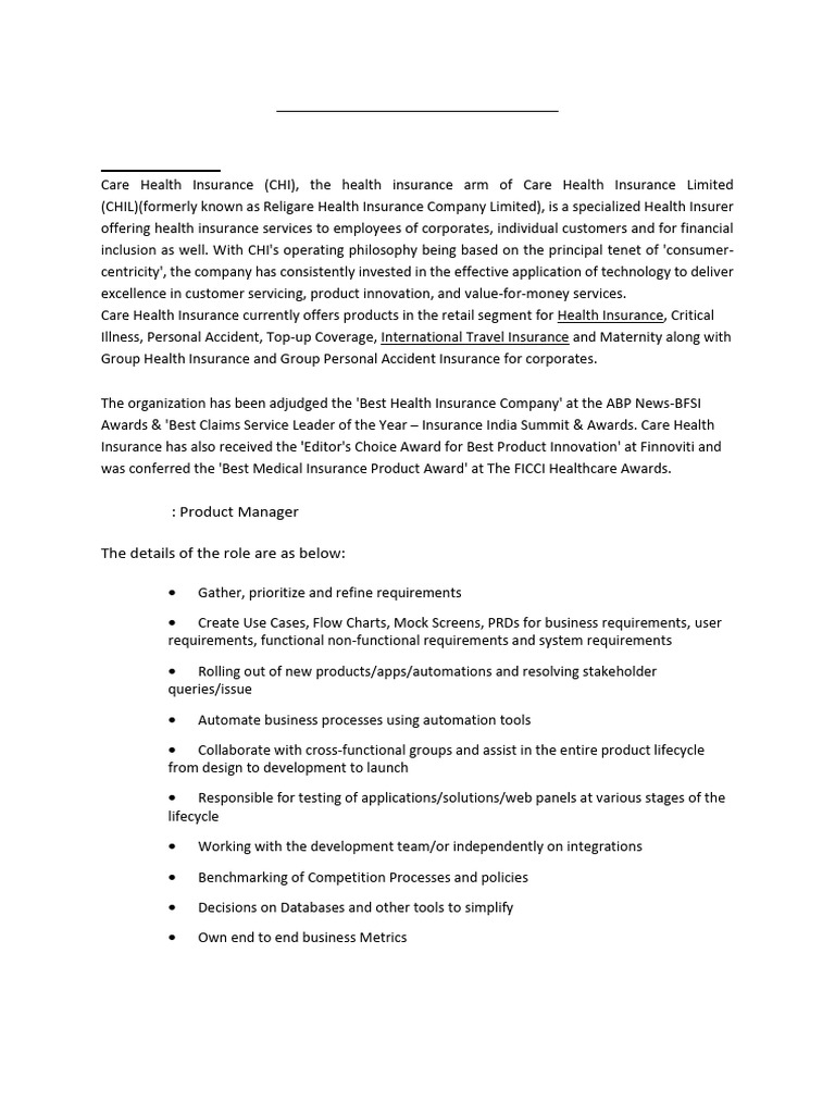 JD - Product Manager - Care Health Insurance | PDF | Insurance | Business