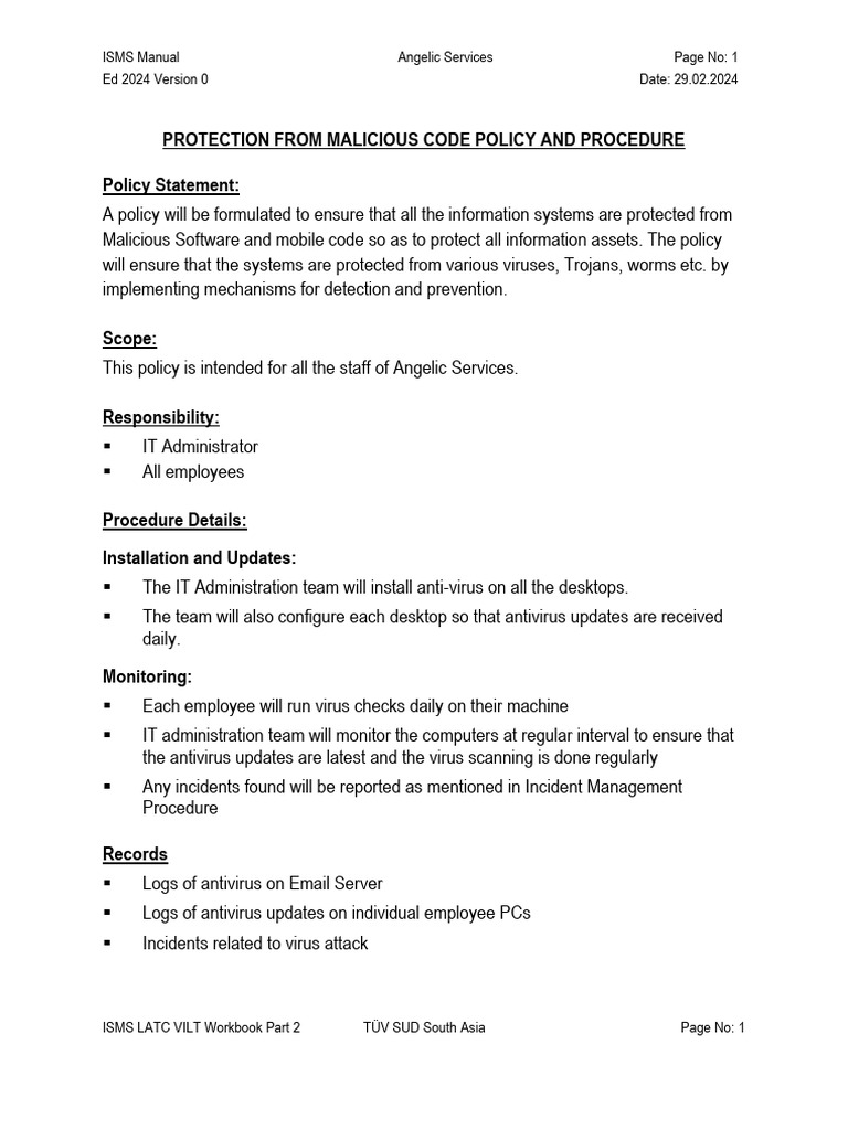 ECPD - 5.0 AngelicServices - Malicious Code Policy&Procedure | PDF