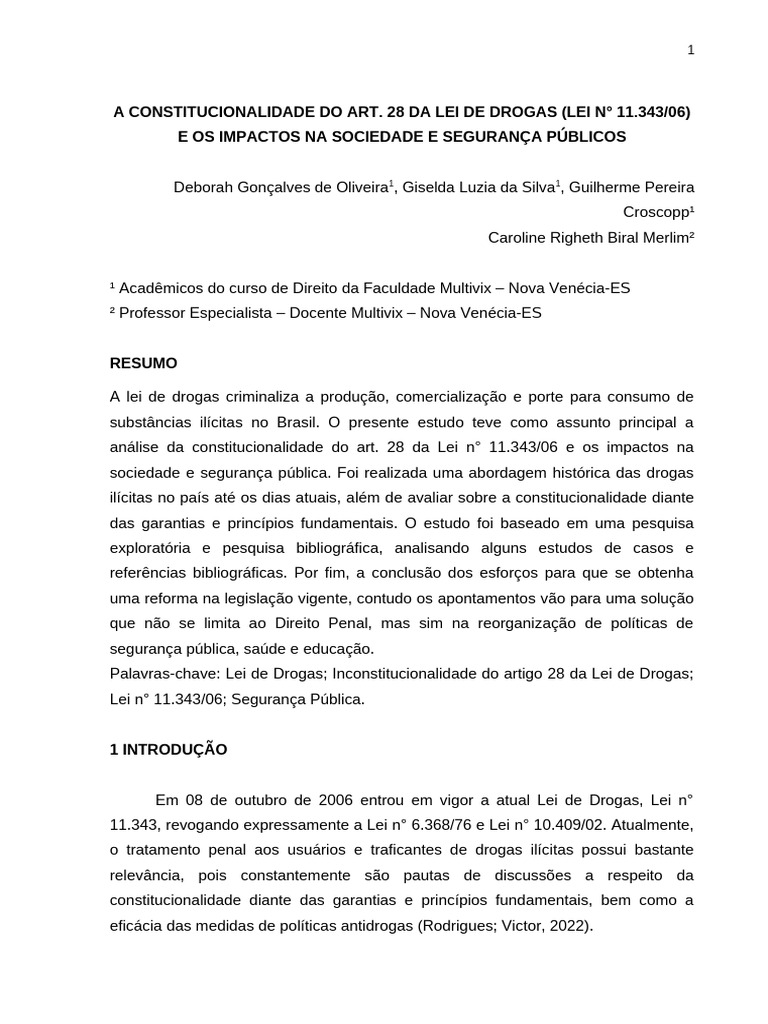 Constitucionalidade do Art. 28 da Lei de Drogas | PDF | Crimes | Crime ...