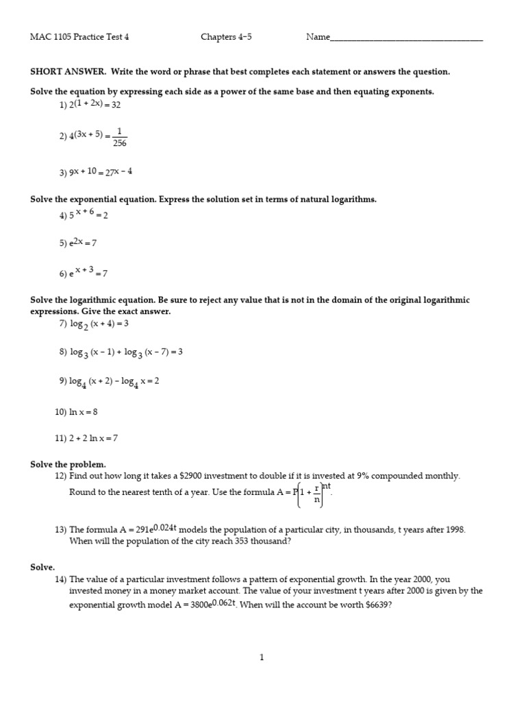 MAC 1105 Practice Test 4 Solutions | PDF | Logarithm | Combinatorics