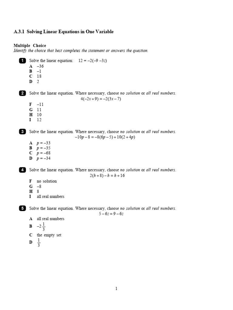Linear Equations Practice Questions | PDF | Equations | Applied Mathematics
