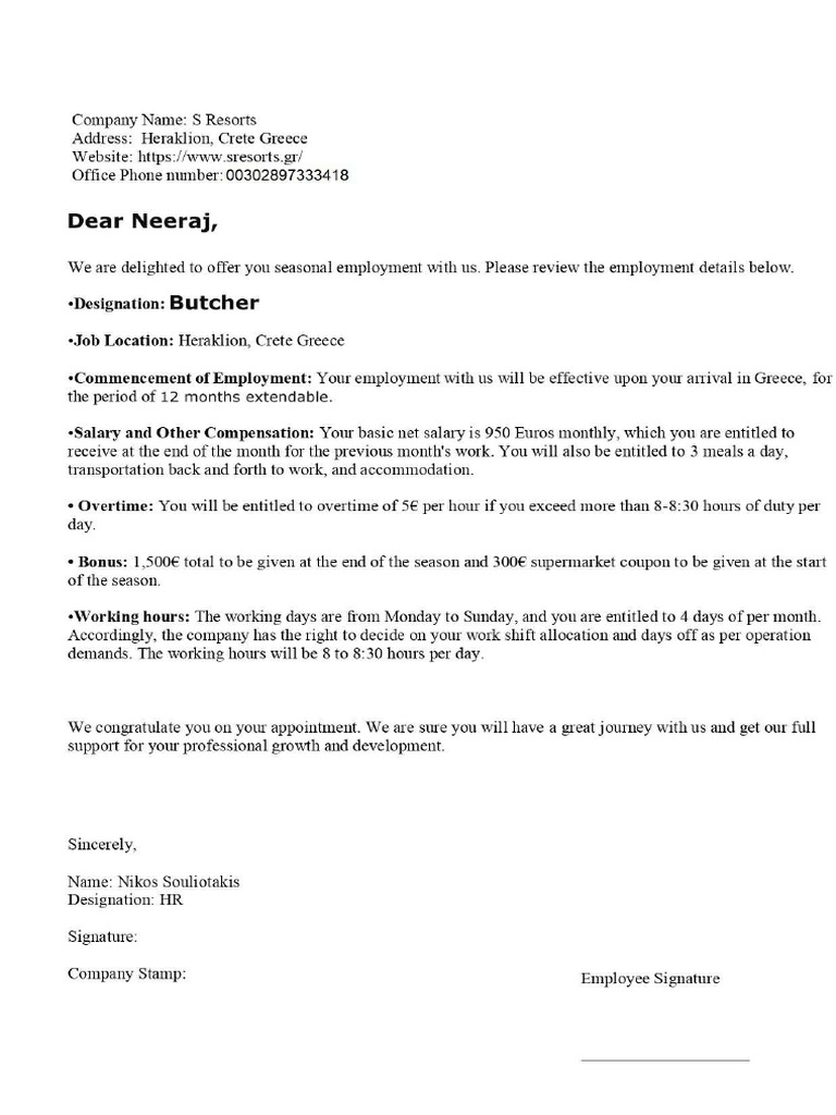 Neeraj Butcher Offer Letter | PDF