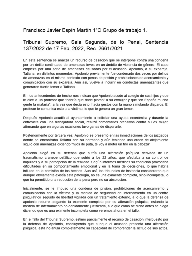 Sentencia del TS sobre amenazas en violencia de género | PDF | Prisión