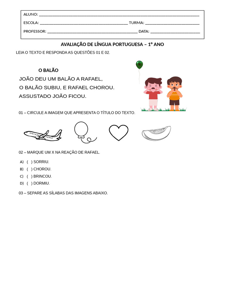 Avaliação de Língua Portuguesa 1º Ano | PDF