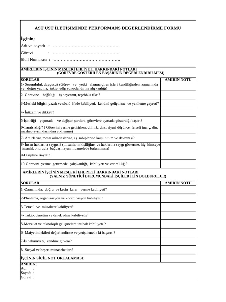 Ast Üst İleti̇şi̇mde Performans Değerlendi̇rme Formu | PDF
