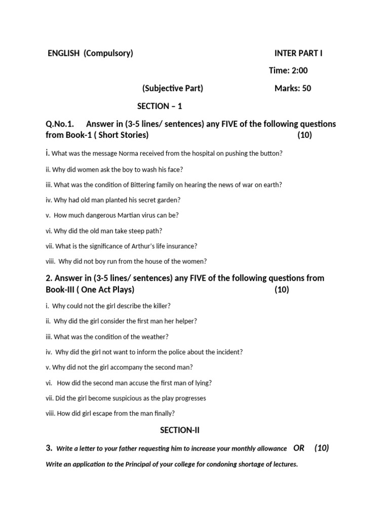 English Inter Part I Exam Questions | PDF