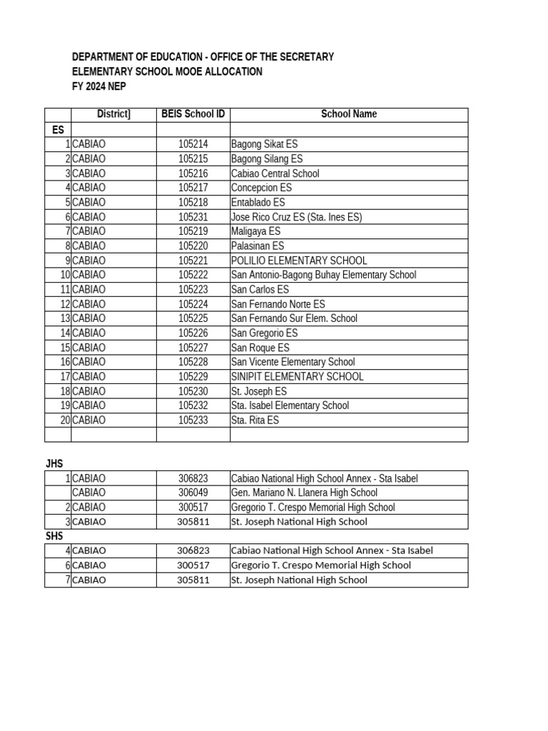 FY 2024 MOOE Allocation for Schools | PDF