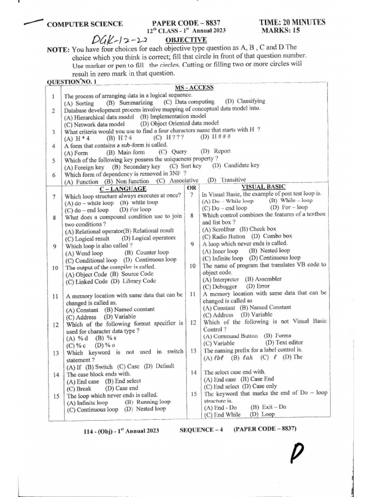 Computer Science-12 (DGK-23) | PDF