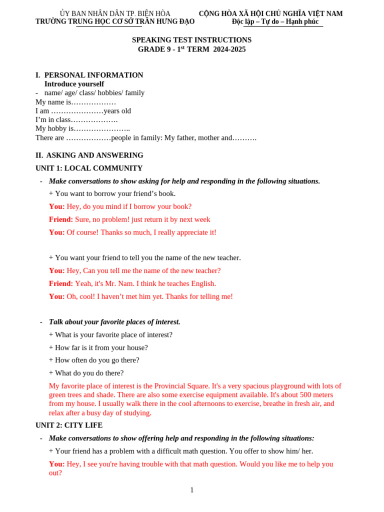 Grade 9 Speaking Test Guide 2024-2025 | PDF | Homework | Traffic Congestion