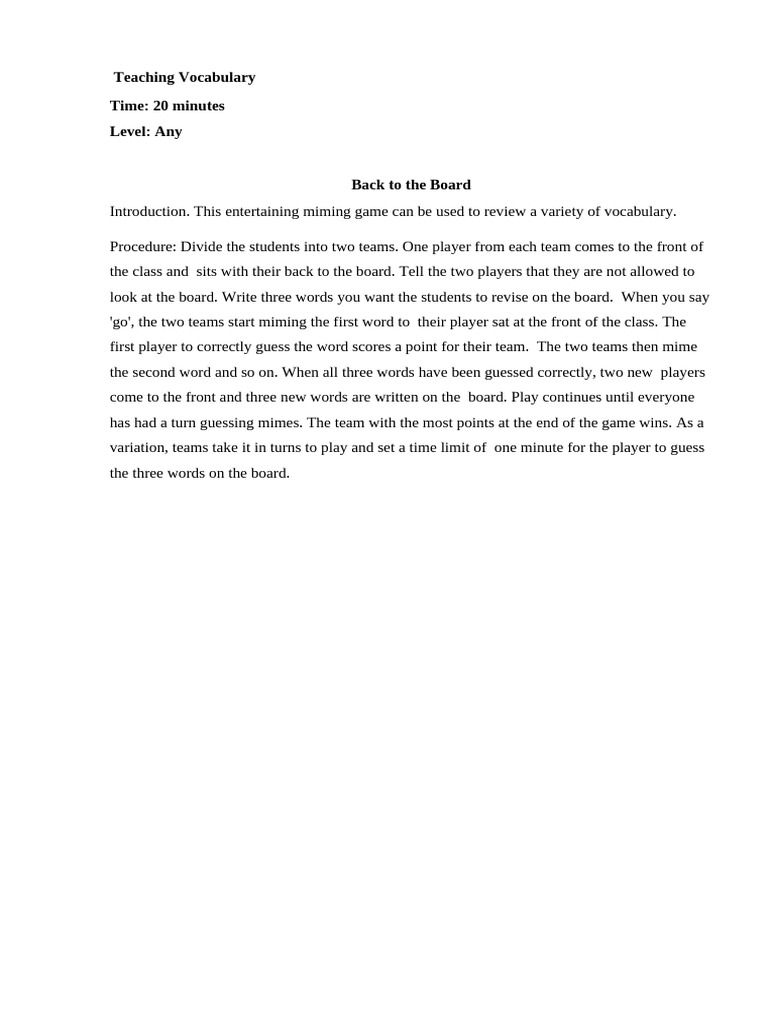 Fun Vocabulary Miming Game Pdf