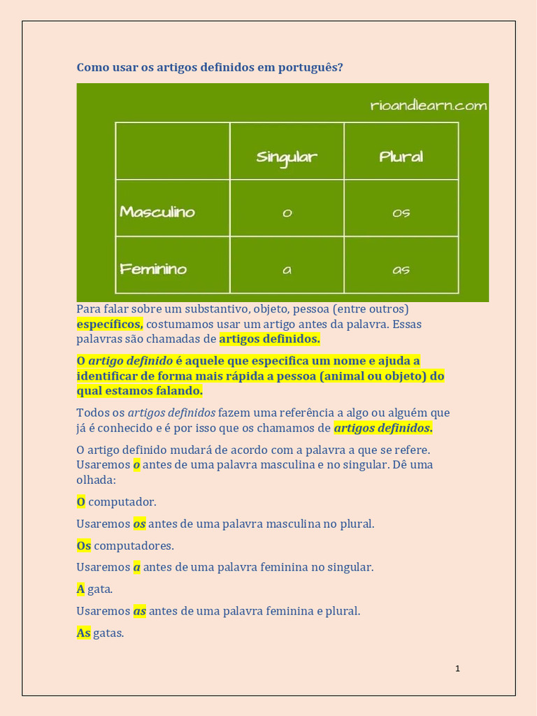 Artigos Definidos em Português: Guia Prático | PDF | Substantivo | Plural