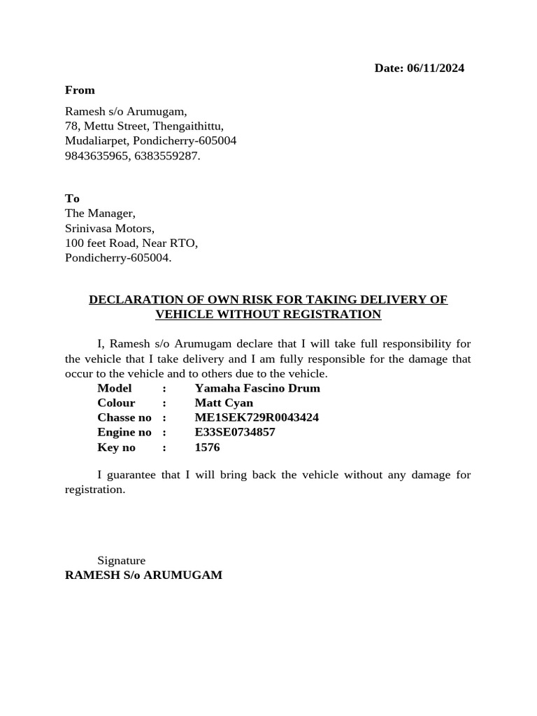 Own Risk Letter | PDF