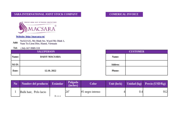 Commercial Invoice for Bulk Hair Sale | PDF