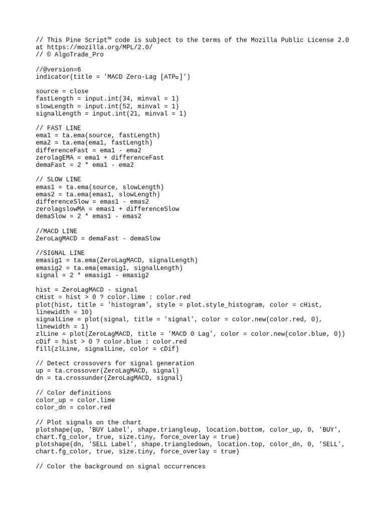 MACD Zero-Lag (ATP) PineScript Code - Version6 | PDF
