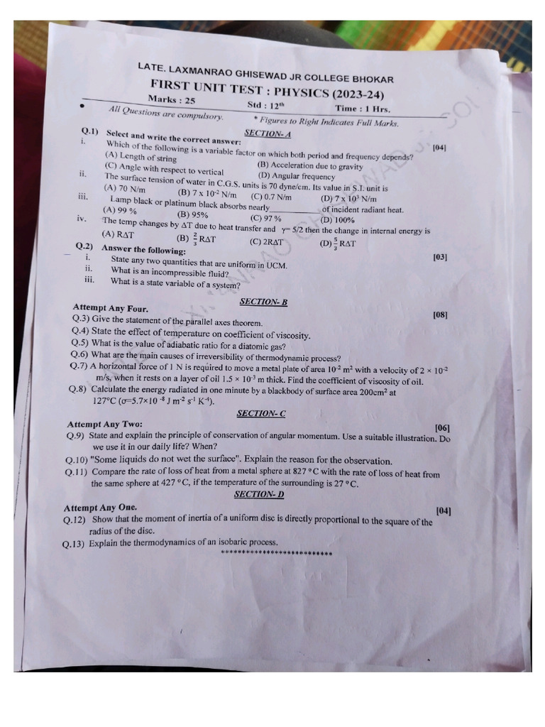 12th 1 Unit Test Paper Physics.2023 ?. | PDF