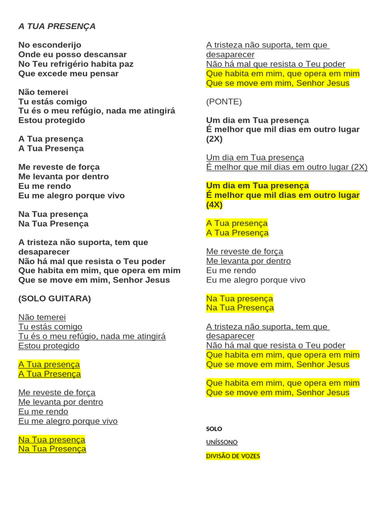 A Tua Presença Letra e Divisões | PDF