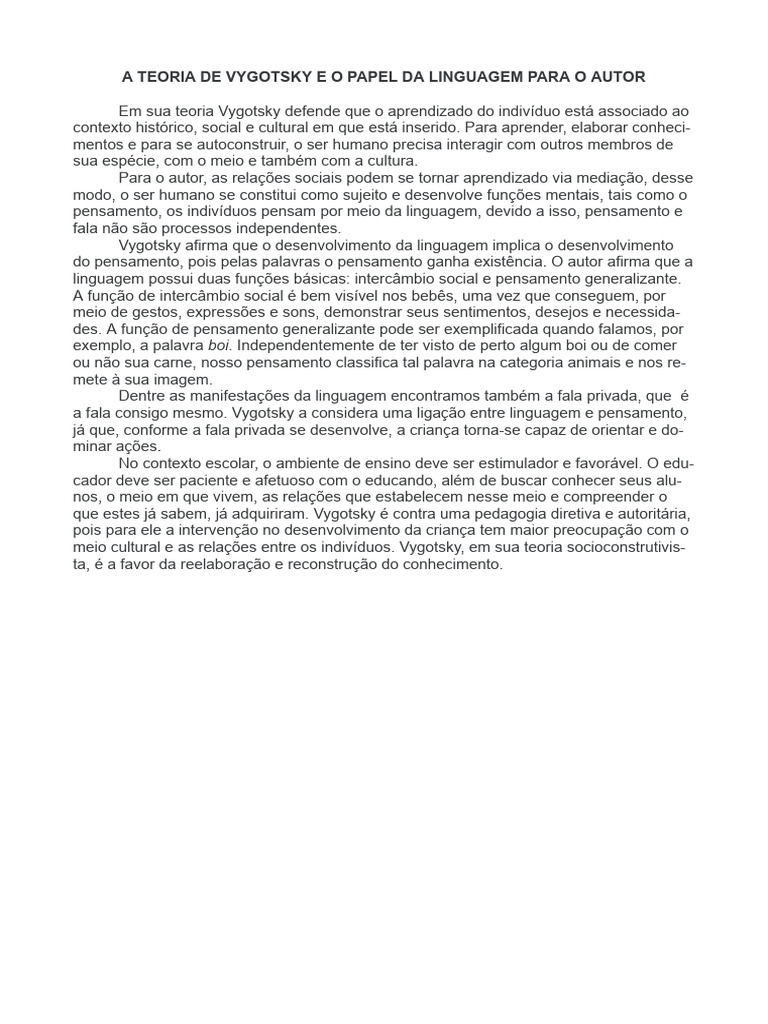 A Teoria de Vygotsky e o Papel Da Linguagem | PDF