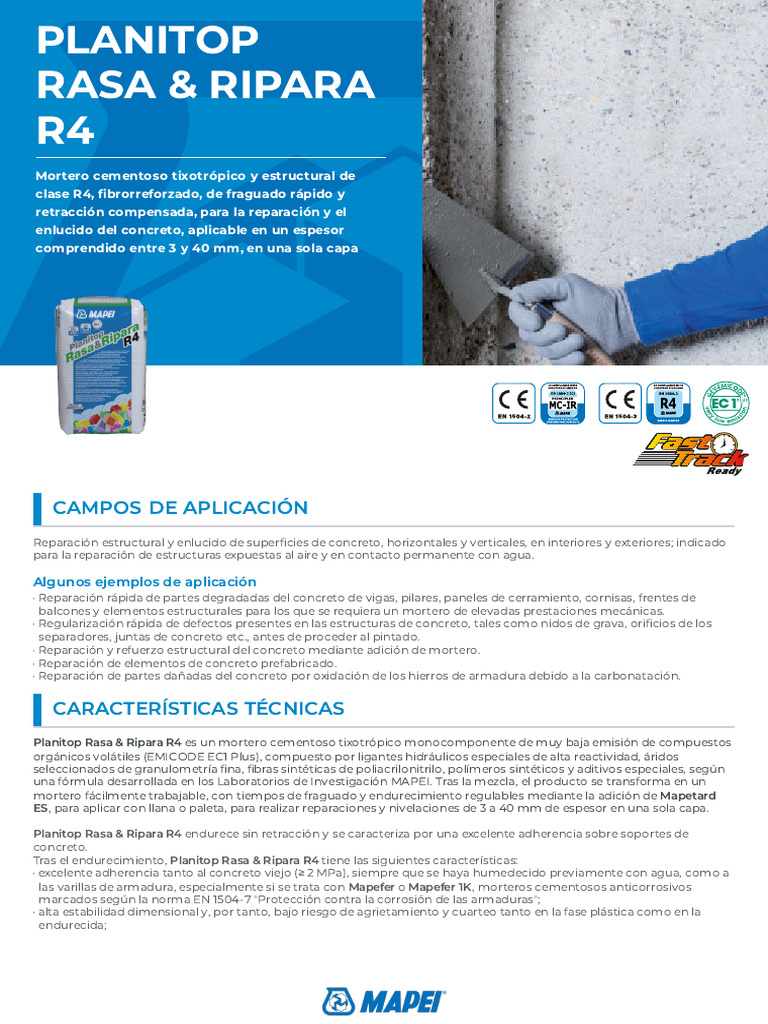 1 - Planitop Rasa y Ripara r4 Tds | PDF | Hormigón | Mortero (Albañilería)