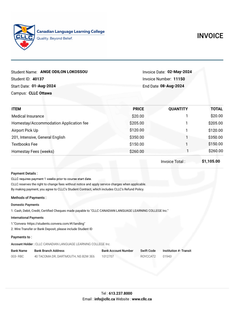 CLLC Invoice for English Course Fees | PDF | Payments | Banks