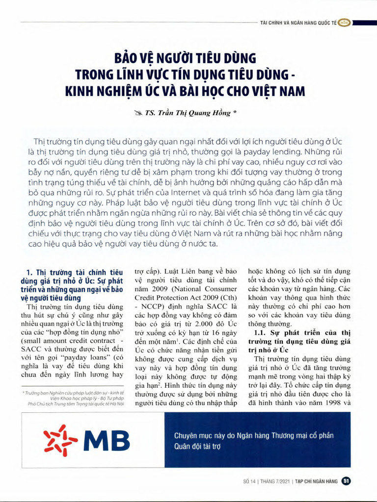 Bảo Vệ NTD Trong Lĩnh Vực TDTD - Liên Hệ Úc | PDF