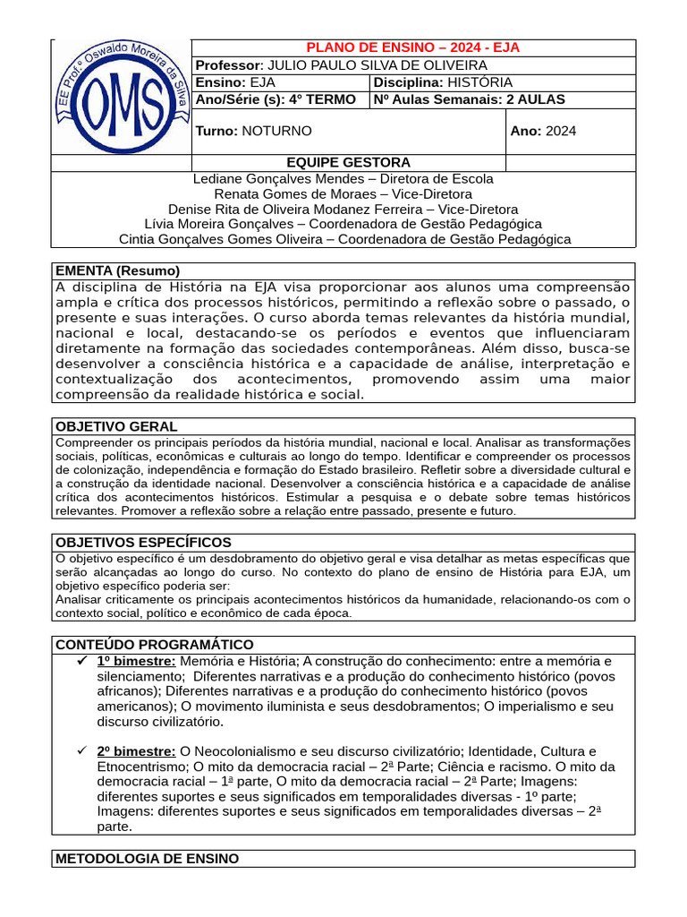 PLANO DE ENSINO OFICIAL HISTÓRIA 4° TERMO PROFESSOR JULIO PAULO | PDF ...