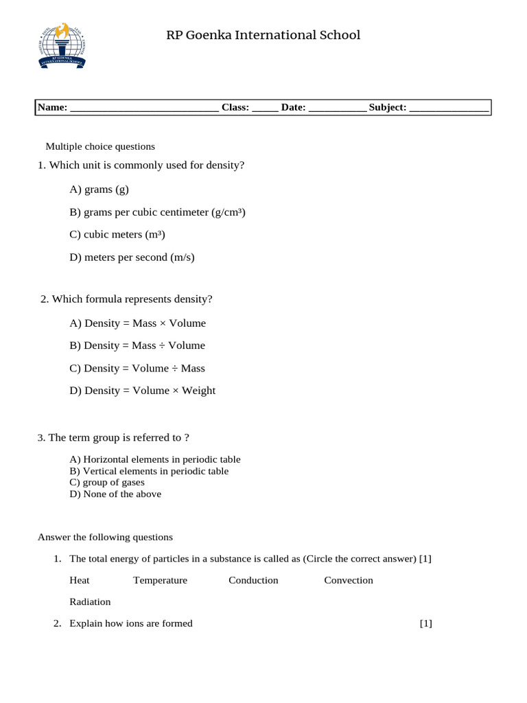 RP Goenka School Density Quiz | PDF | Density | Volume