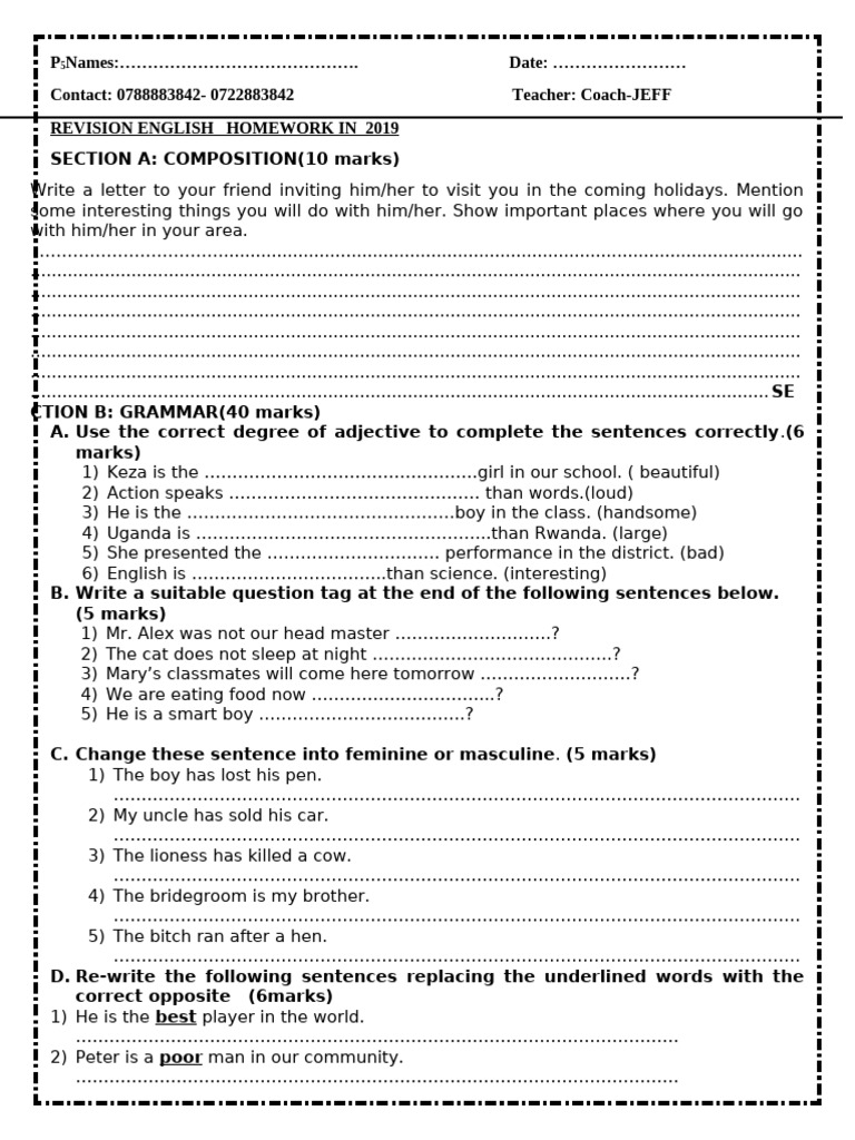 P5 English Grammar and Composition Worksheet | PDF | Linguistics ...