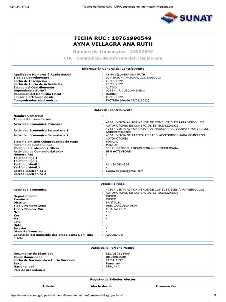 Ficha Ruc Ayma Villagran | PDF