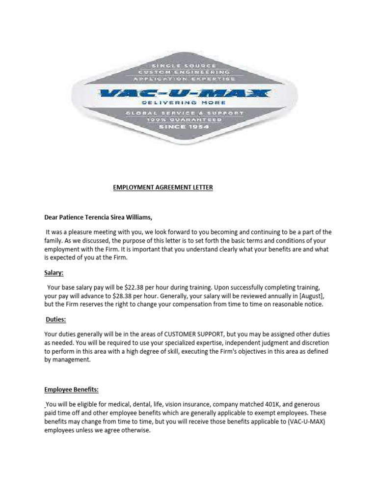 Employment Agreement for Patience Williams | PDF | Employment ...