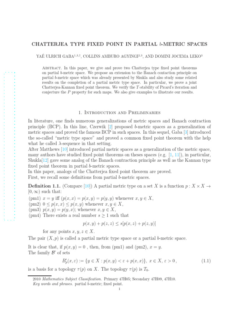 Chatterjea Fixed Points in b-Metric Spaces | PDF | Sequence ...