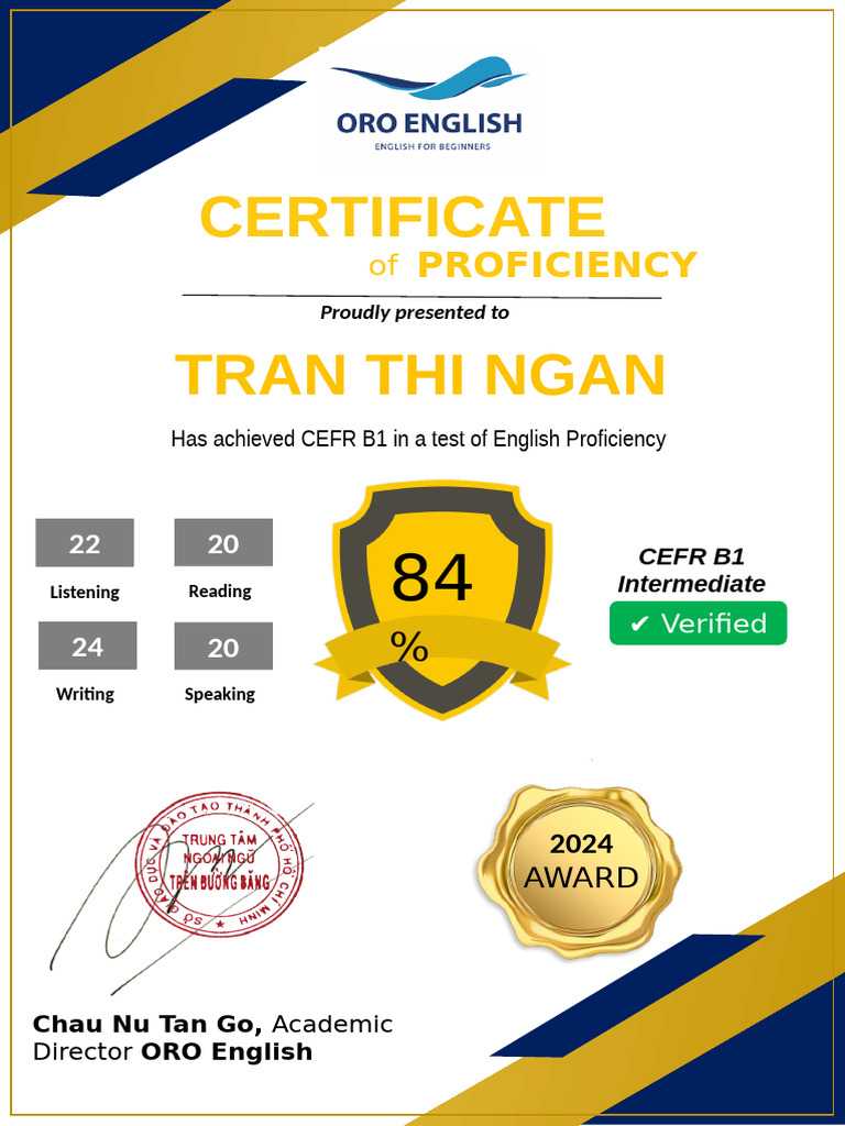 CEFR B1 English Proficiency Certificate | PDF