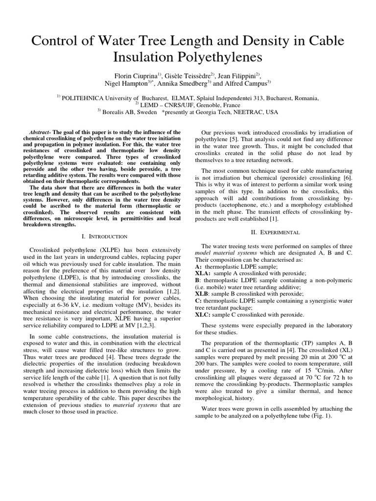 Water Tree Control in Cable Insulation | PDF | Polyethylene | Thermoplastic