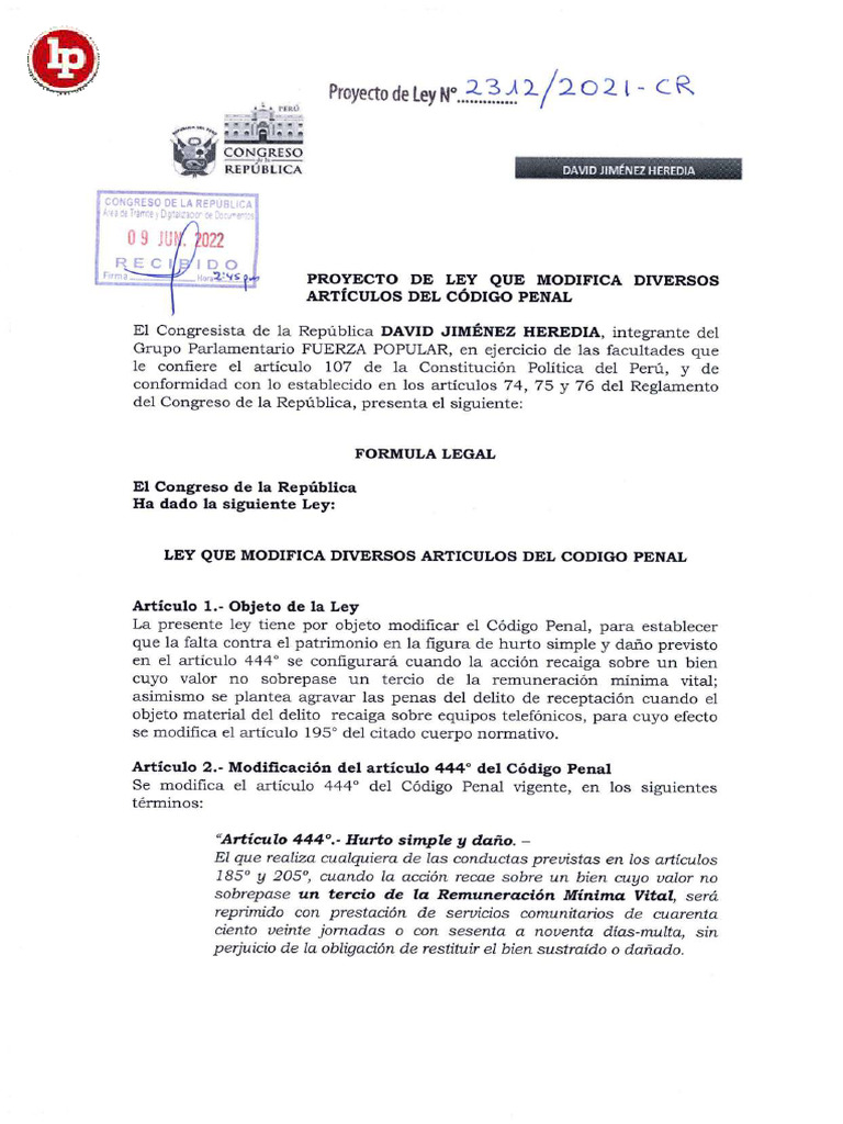 Proyecto de Ley N 2312 2021 CR LPDerecho | PDF | Robo | Secuestro