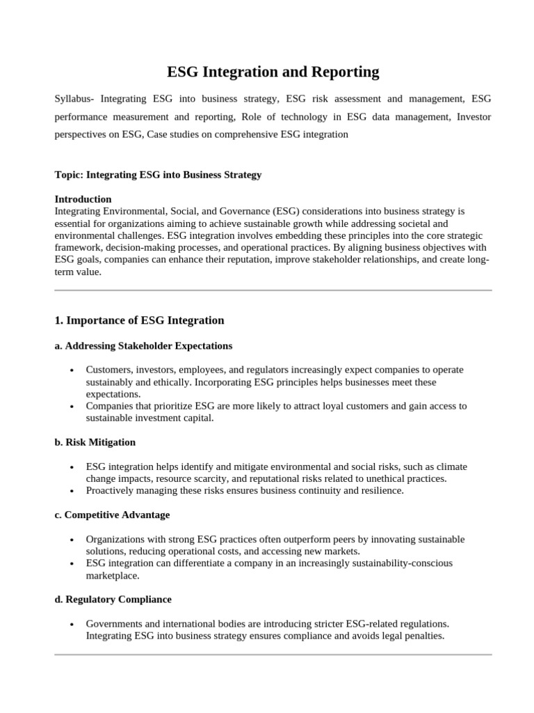 ESG Integration in Business Strategy Guide | PDF | Sustainability ...